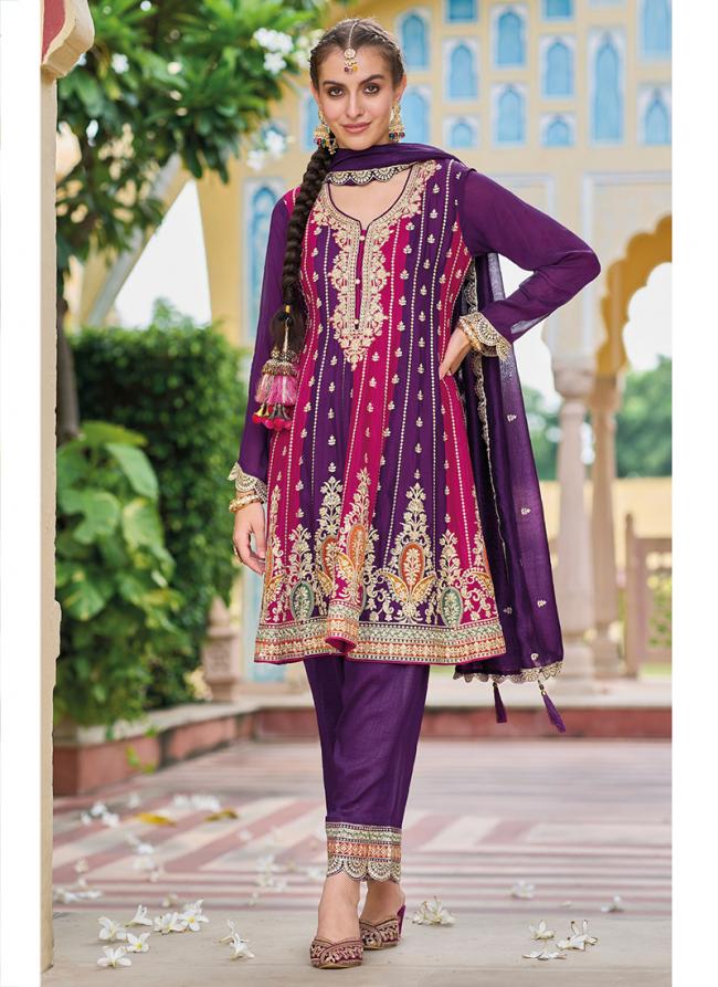 Silk Purple Wedding Wear Embroidery Work Readymade Salwar Suit